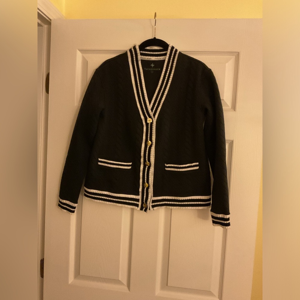 NWOT TNUCK SPORT Black & White Cable Knit Charley Cardigan Sz S gold buttons